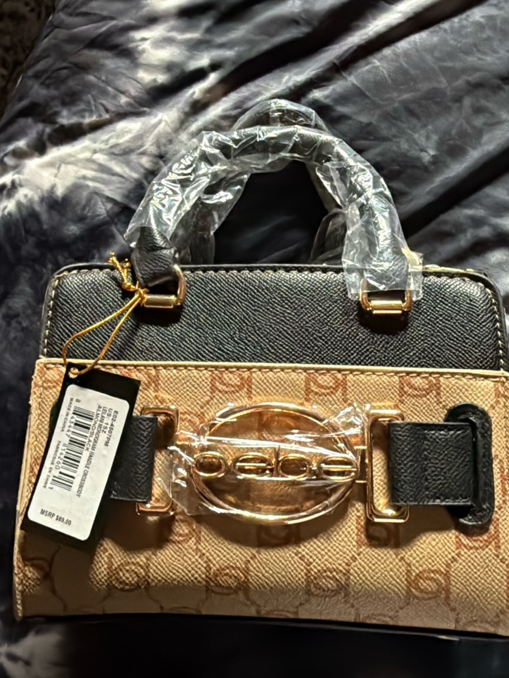 bebe Brown and Black Monogram Satchel with Gold Tone Hardware